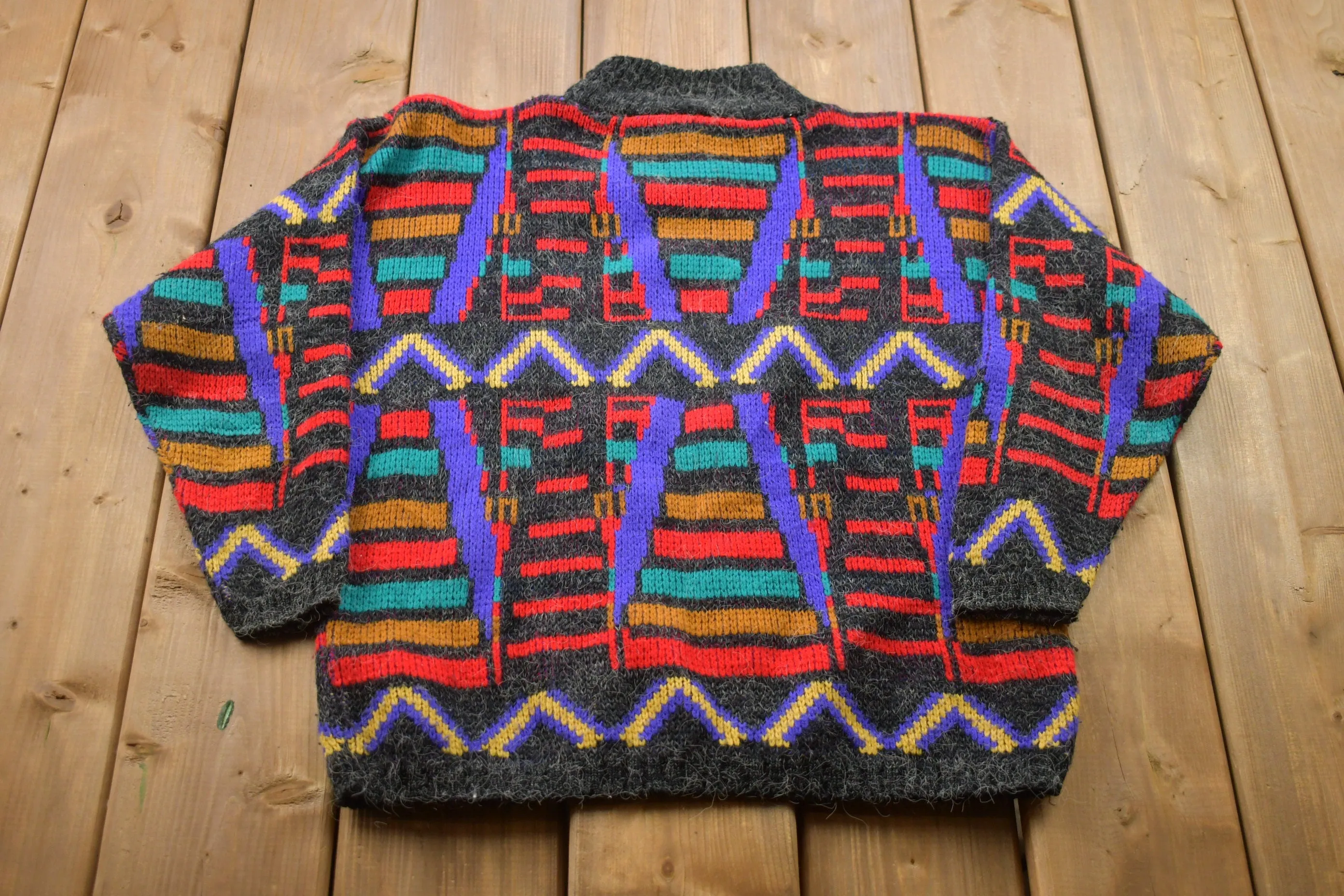 1990s Croquet Vintage Funky Geometric Knitted Sweater / Made in USA / Vintage 90s Crewneck / 80s Party / Pattern Sweater