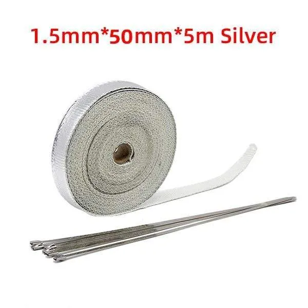 5cm*5M/10M/15M/20M Exhaust Heat Wrap Thermal Tape Fiberglass Heat Wrap Manifold Insulation Roll Resistant with Stainless Ties