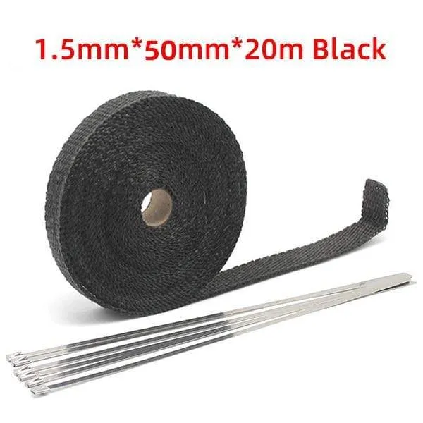 5cm*5M/10M/15M/20M Exhaust Heat Wrap Thermal Tape Fiberglass Heat Wrap Manifold Insulation Roll Resistant with Stainless Ties