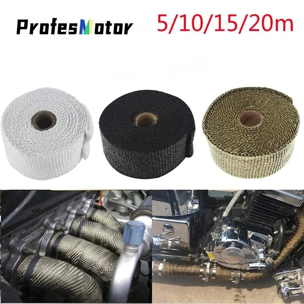 5cm*5M/10M/15M/20M Exhaust Heat Wrap Thermal Tape Fiberglass Heat Wrap Manifold Insulation Roll Resistant with Stainless Ties