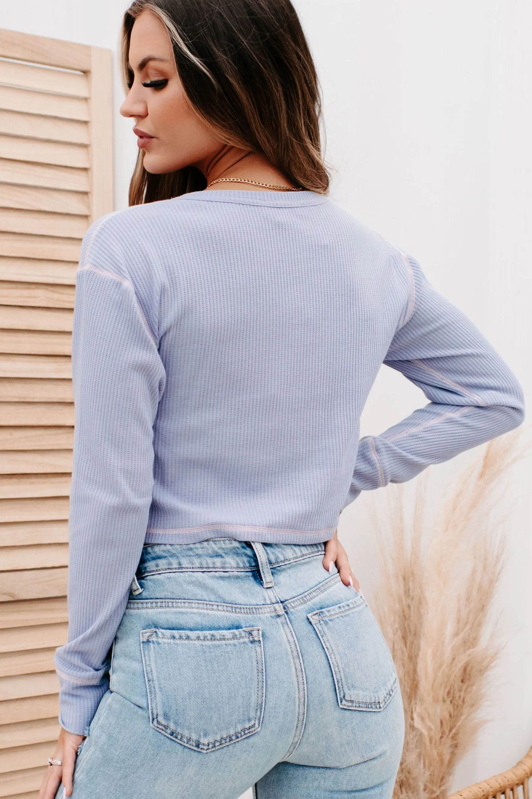 Always Happy V-Notched Thermal Knit Crop Top (Peri Blue)