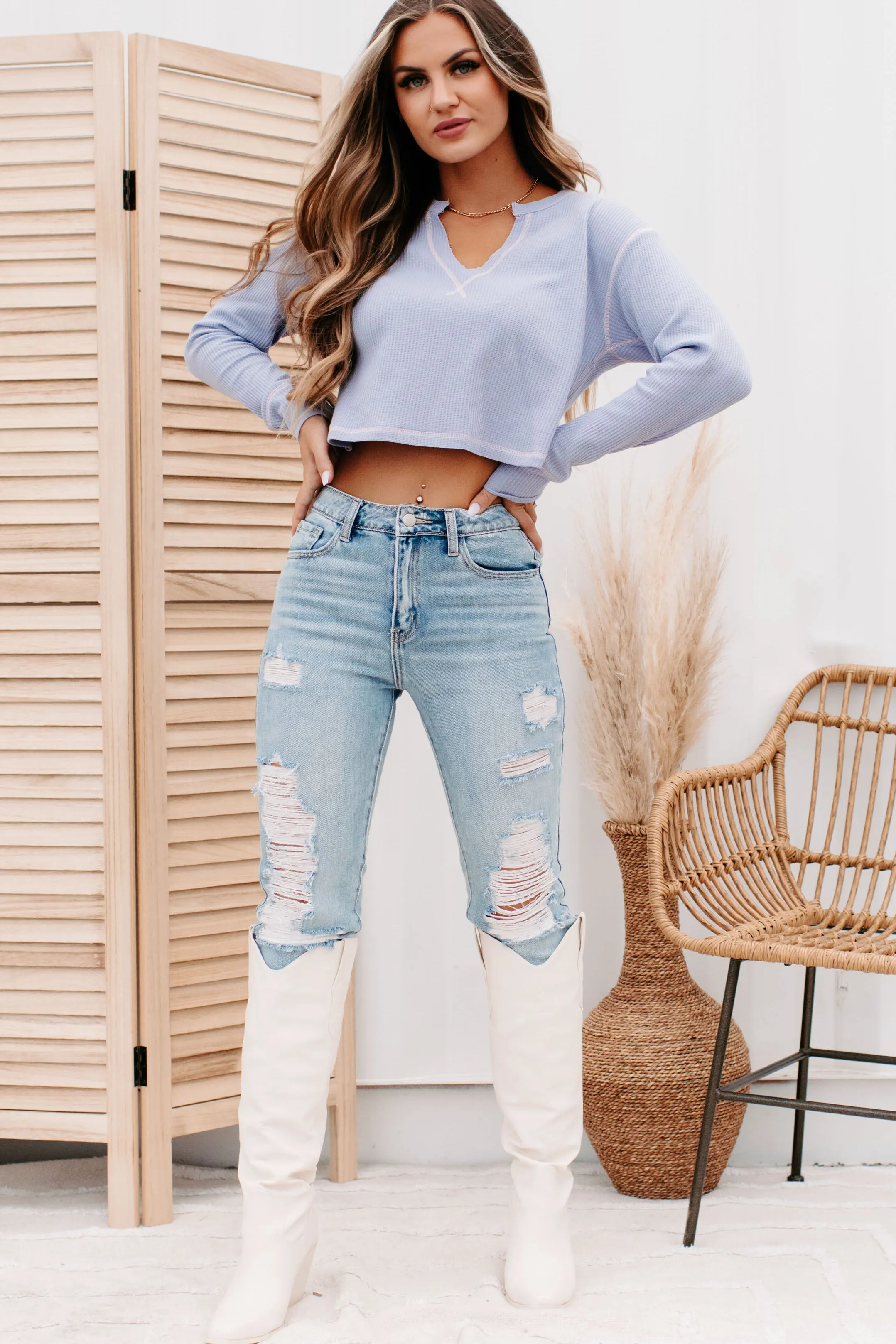 Always Happy V-Notched Thermal Knit Crop Top (Peri Blue)