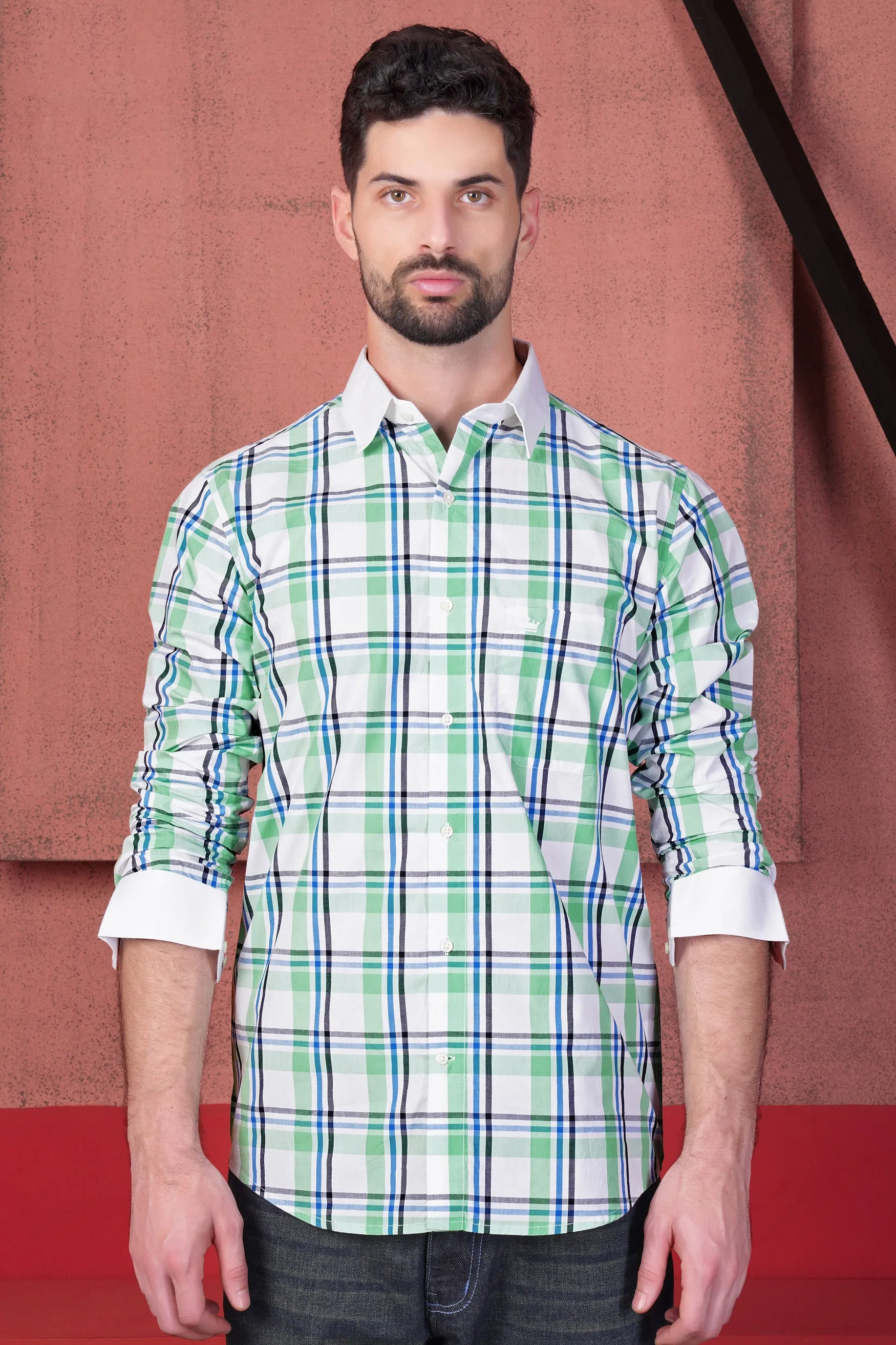 Asparagus Green and White Plaid with Funky Print Subtle Sheen Super Soft Premium Cotton Designer Shirt