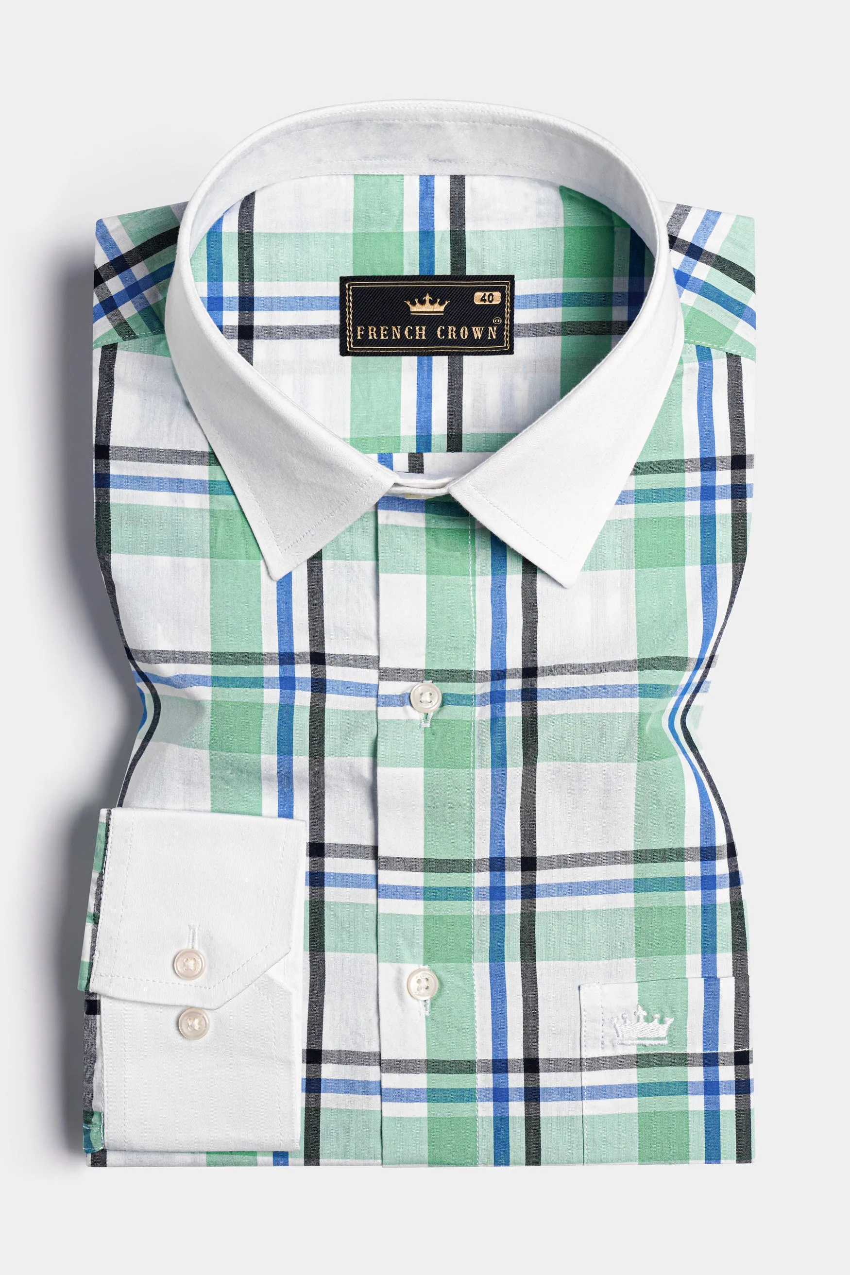 Asparagus Green and White Plaid with Funky Print Subtle Sheen Super Soft Premium Cotton Designer Shirt