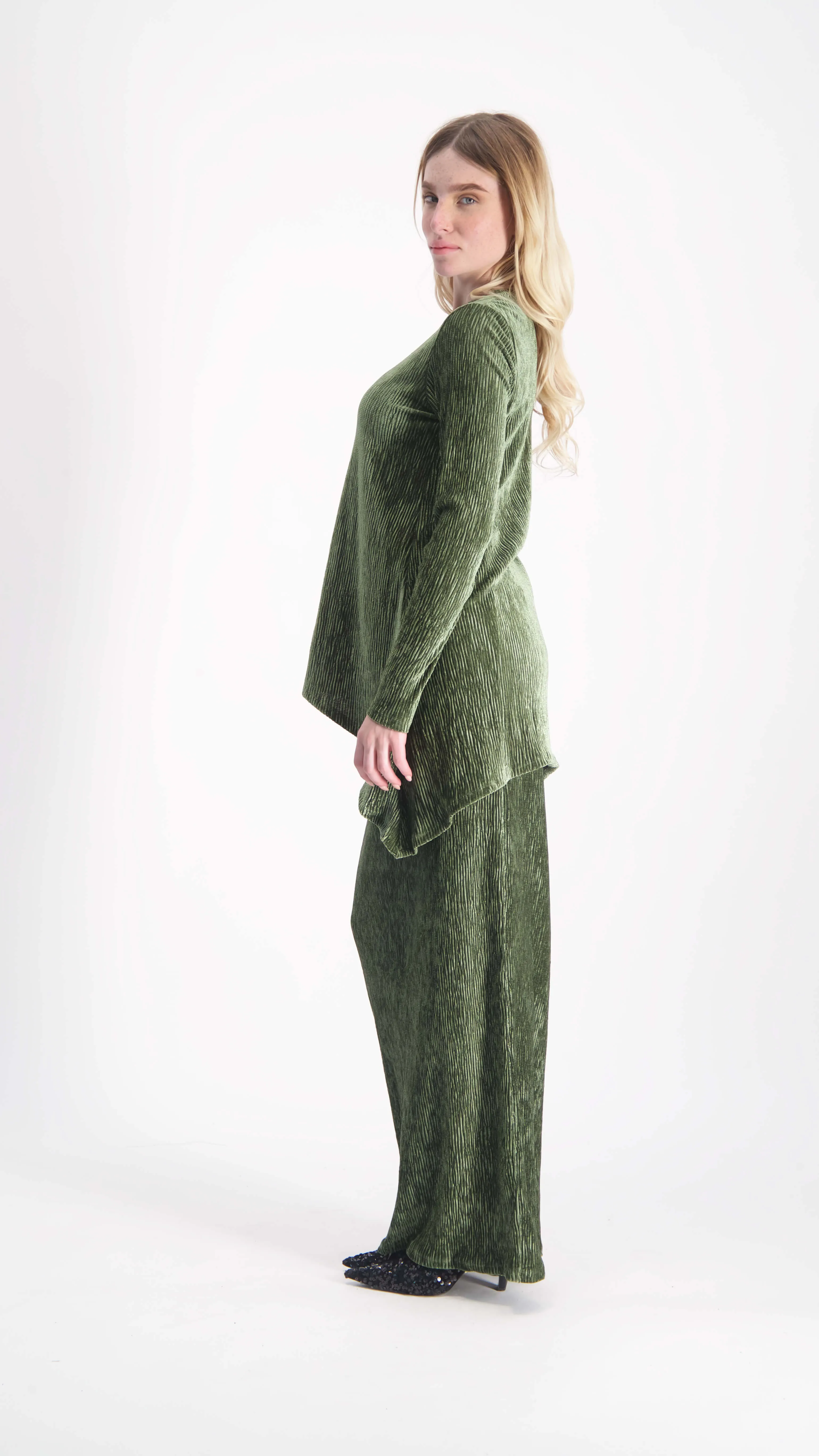 Asymmetric Ribbed Velvet Set / Olive