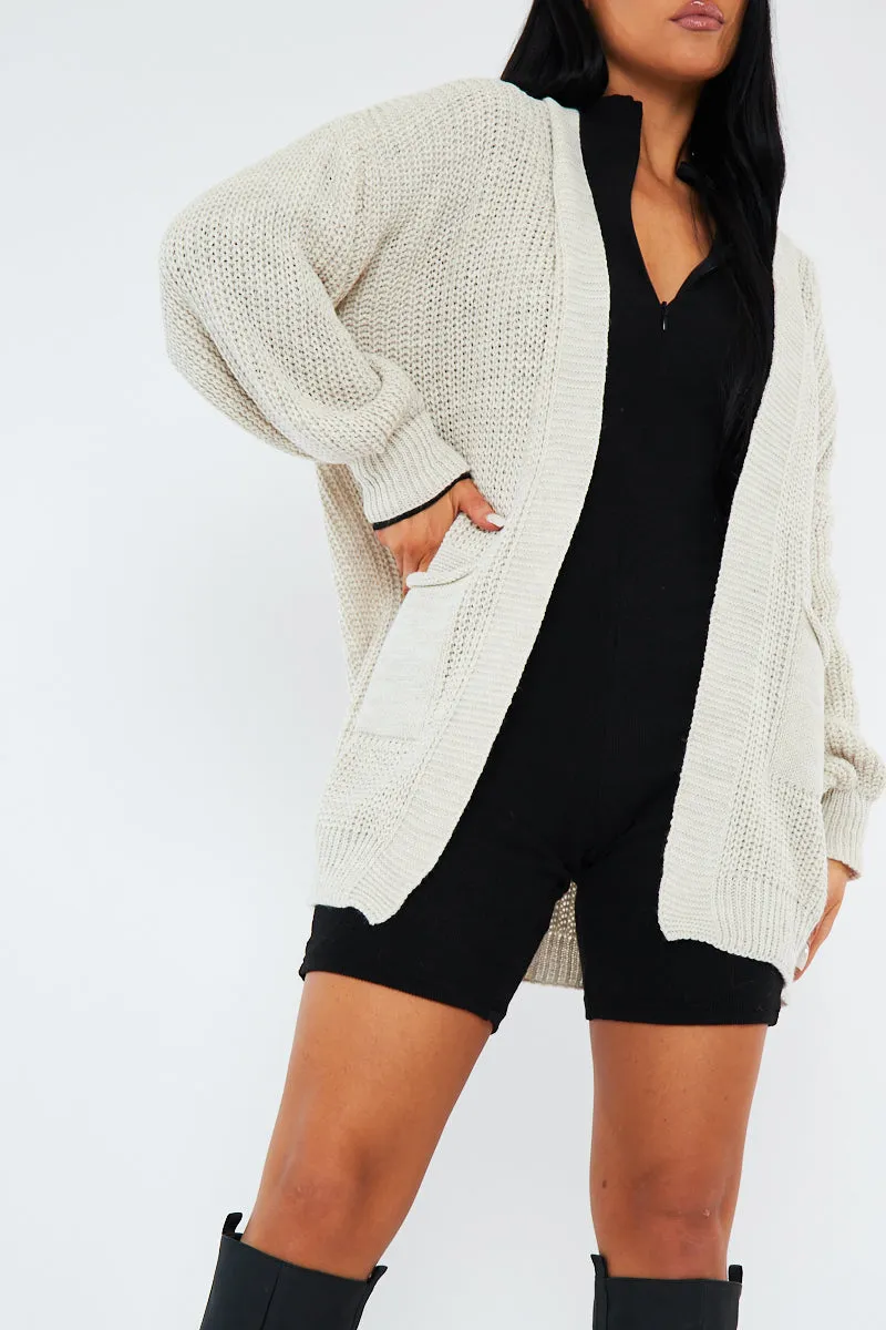 Beige Relaxed Fit Front Pockets Cardigan - Joelle