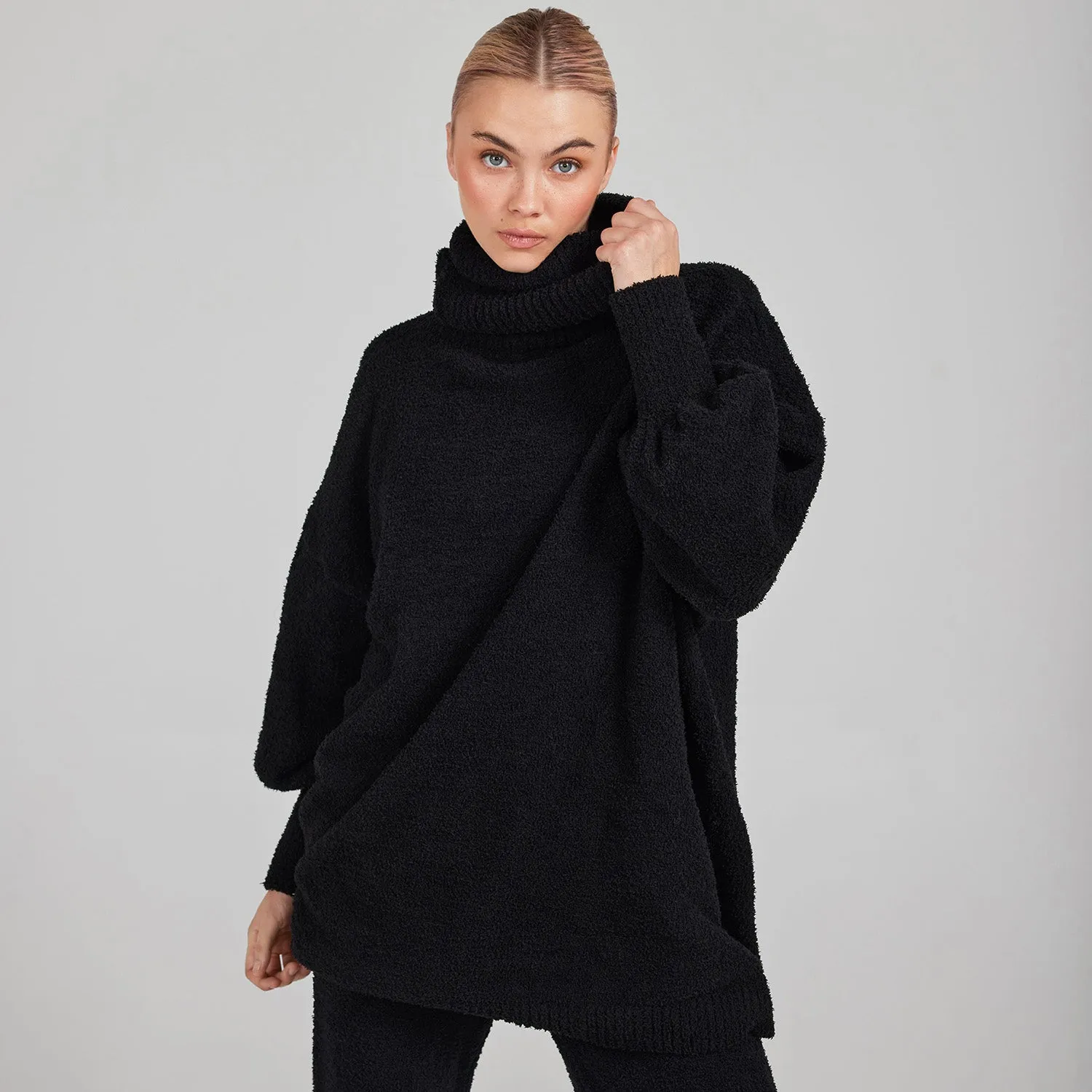 Black Relaxed Boucle Snood Knit Sweater