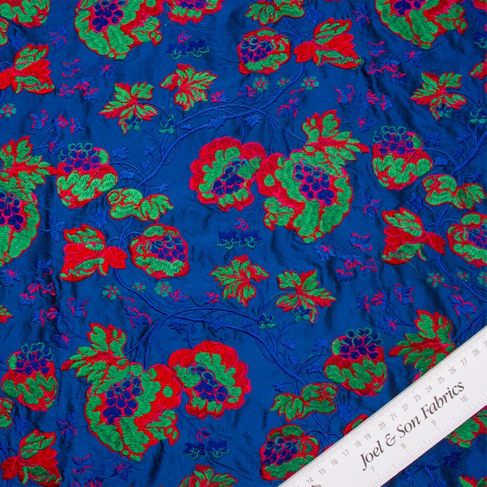 Blue/Red Floral Embroidered Silk Dupion