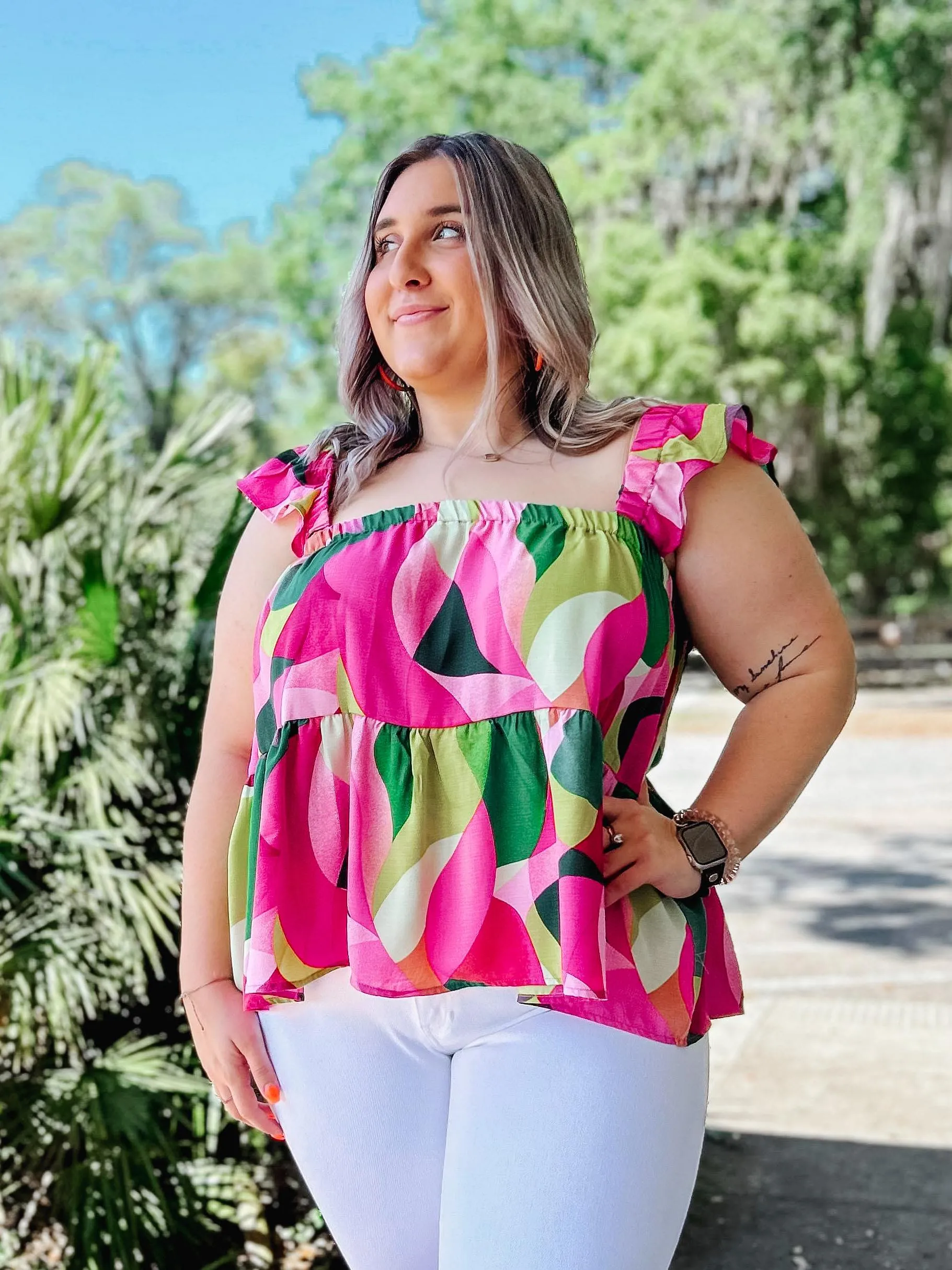 Bright Babydoll Curvy Top | Pink/Green