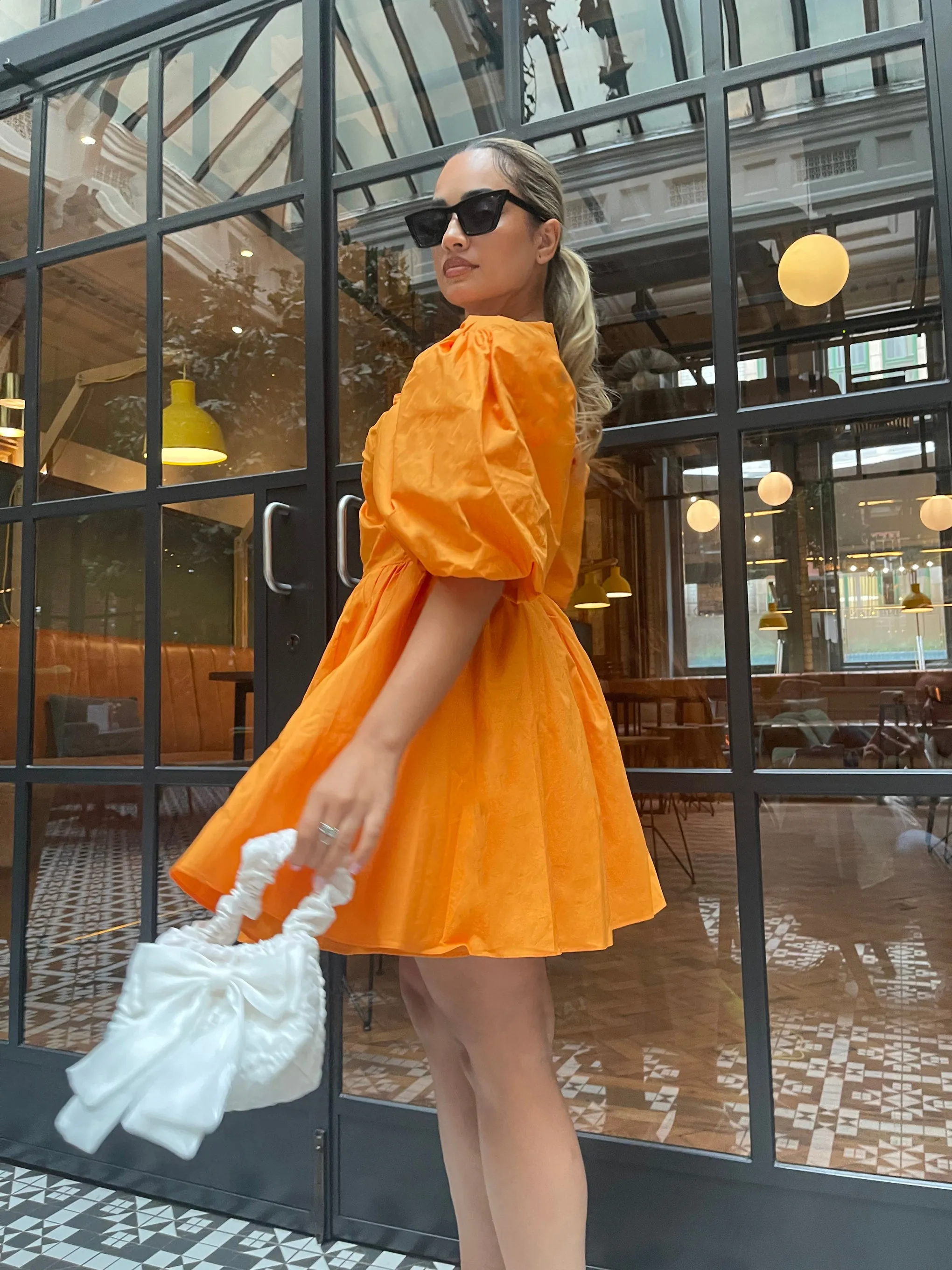 Bright-Orange Puff-Sleeve Skater Mini-Dress