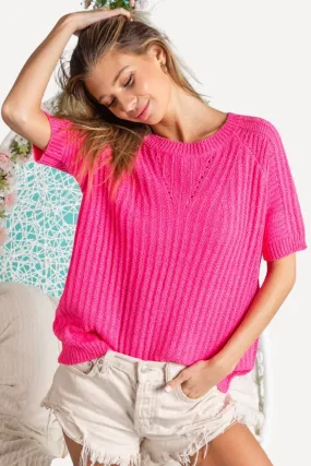 Bright Pink Short Sleeve Knit Top