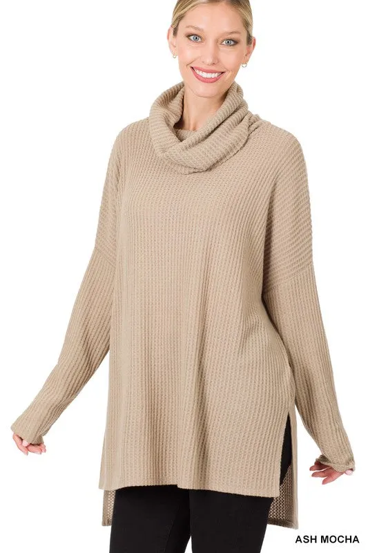 Brushed Thermal Waffle Cowl Neck Hi-Low Sweater