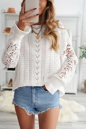 Chic White Crochet Lace Pointelle Knit Sweater