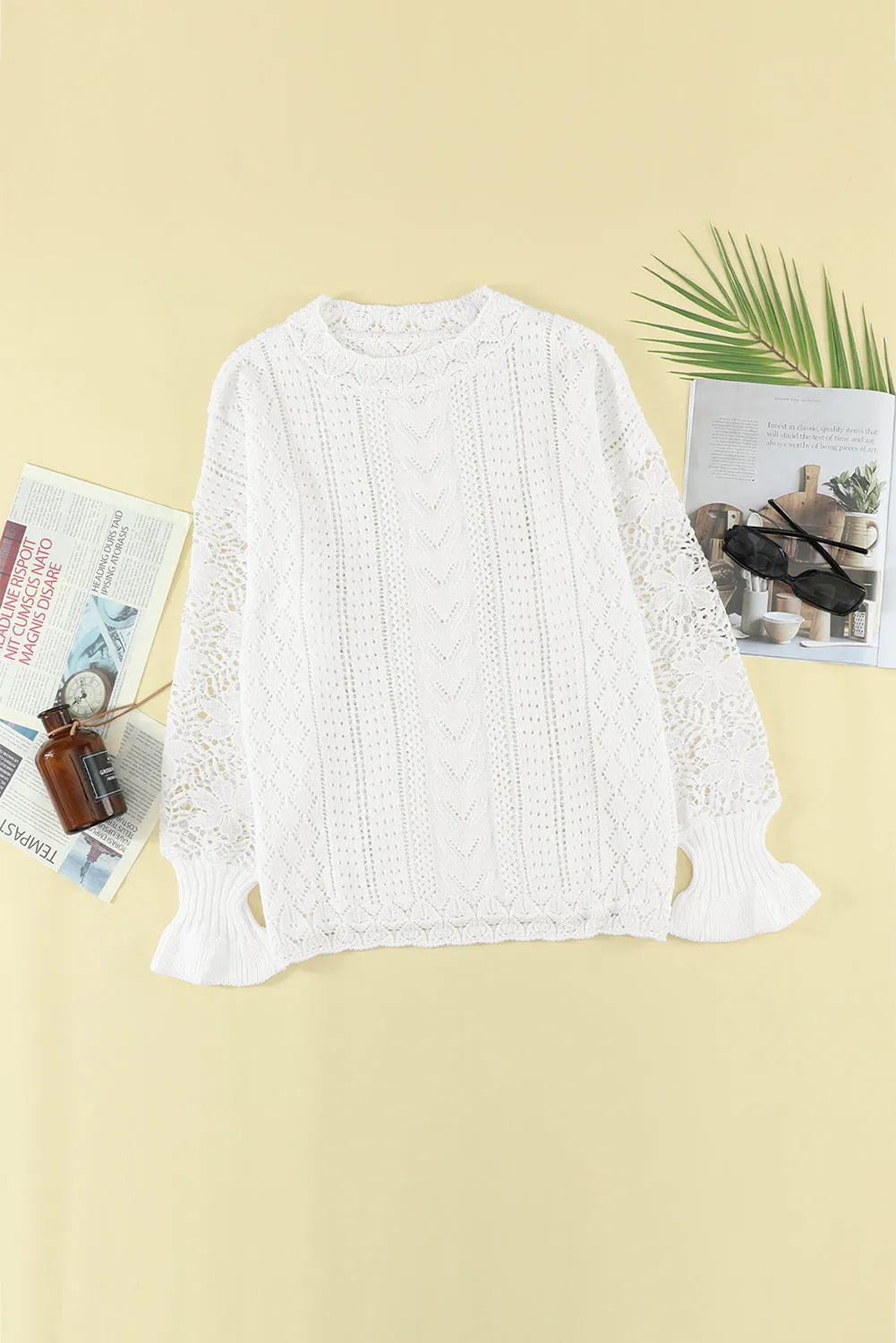 Chic White Crochet Lace Pointelle Knit Sweater