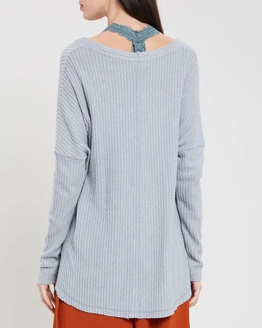 EVA Long Sleeve Thermal Waffle Knit V-Neck Button Down Lightweight Sweater in Grey