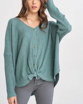 EVA Long Sleeve Thermal Waffle Knit V-Neck Button Down Lightweight Sweater in Pistachio