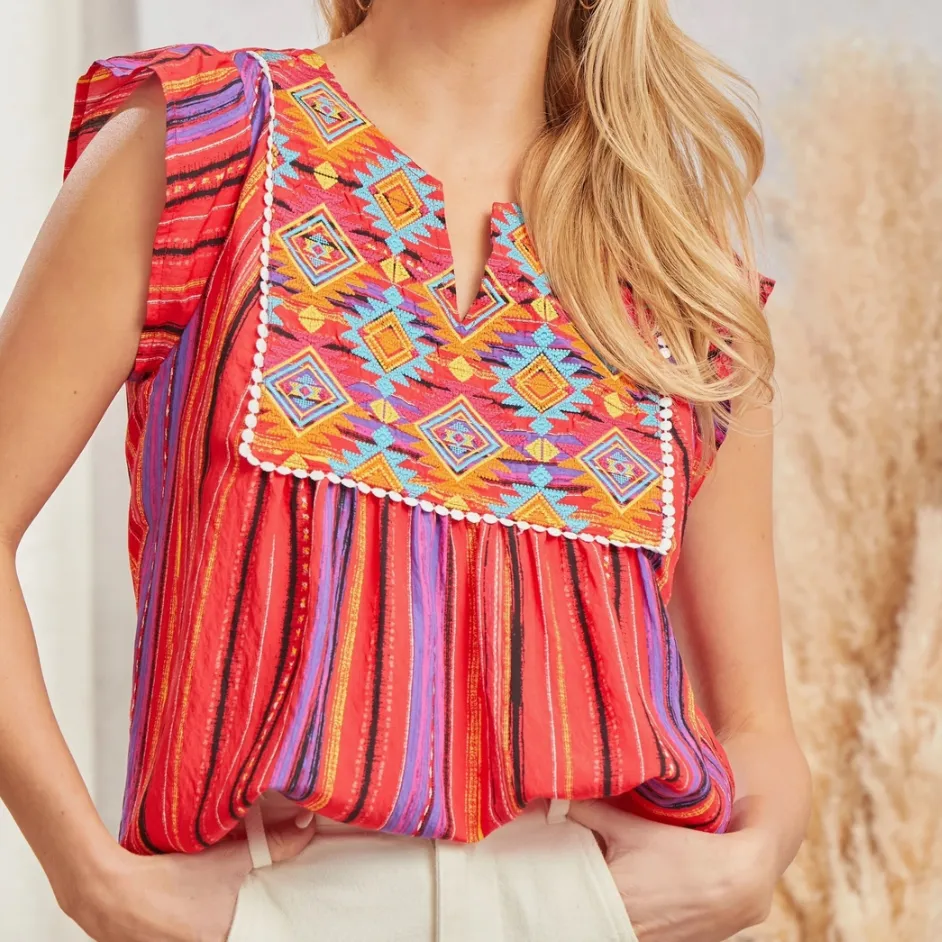 Feeling Funky Striped Embroidered Top