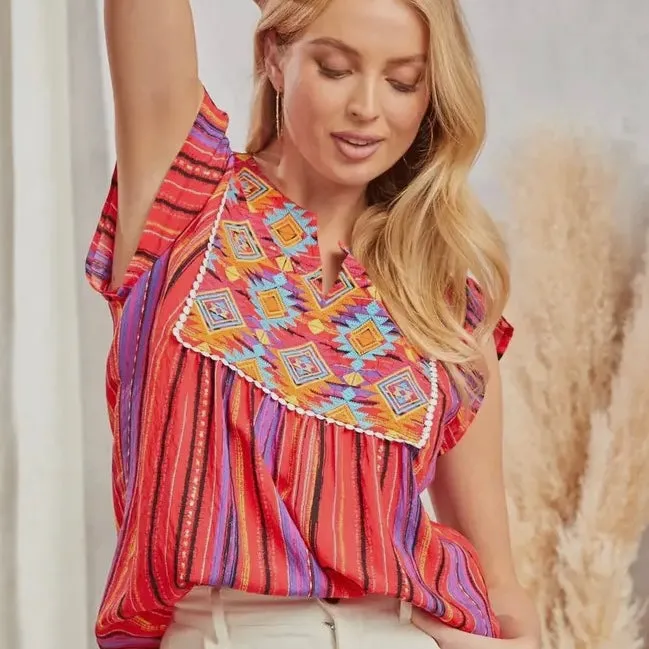 Feeling Funky Striped Embroidered Top