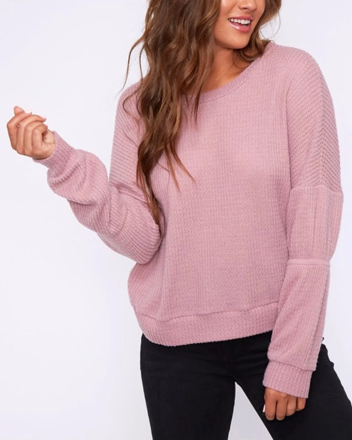 Final Sale - Basic Solid Waffle Knit Top - Dark Blush