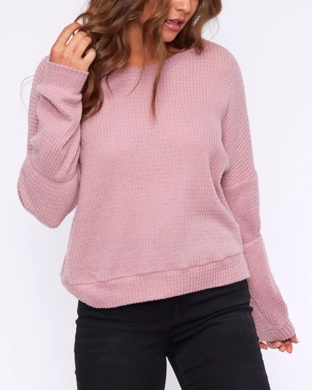 Final Sale - Basic Solid Waffle Knit Top - Dark Blush