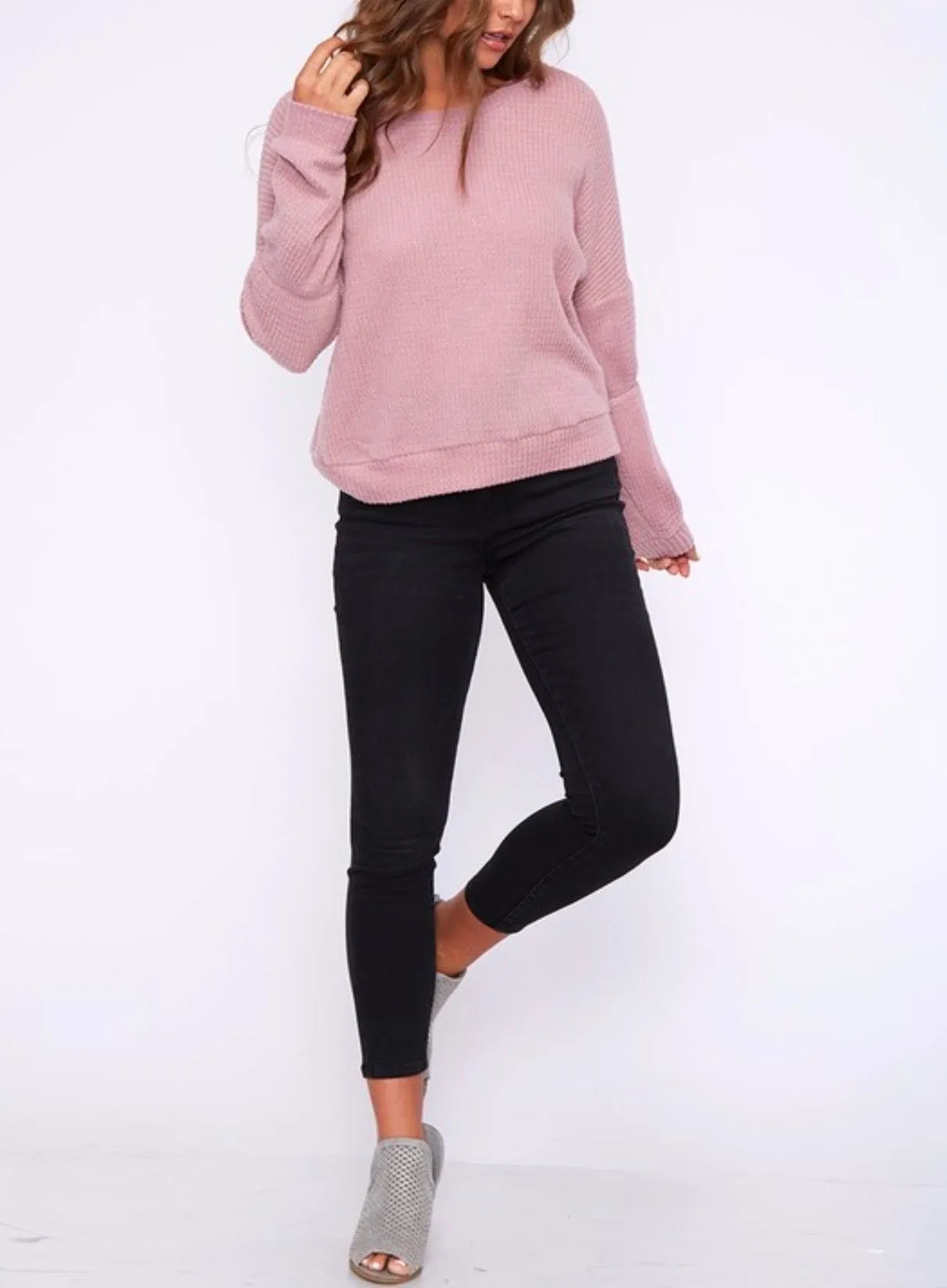 Final Sale - Basic Solid Waffle Knit Top - Dark Blush