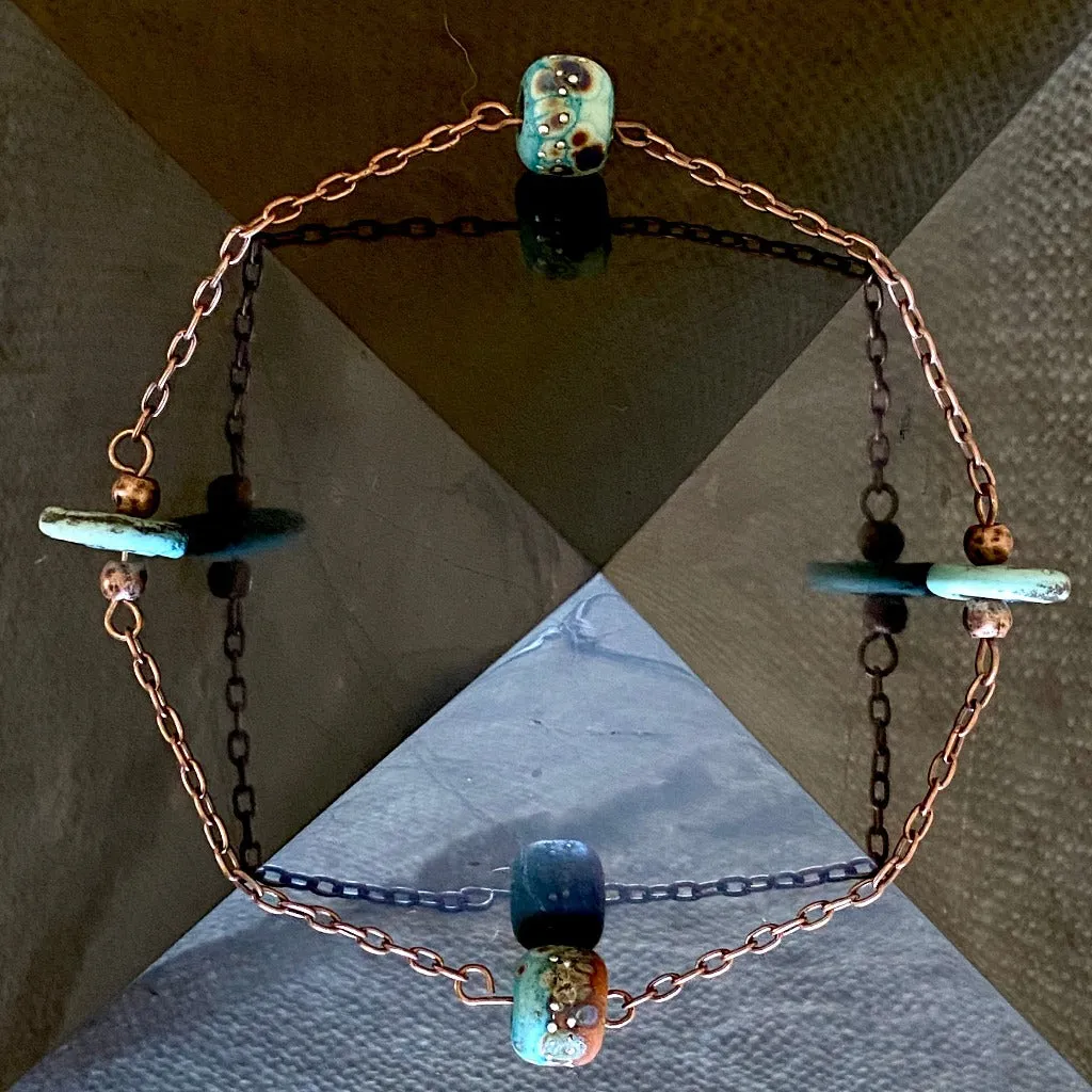 Large Copper Topper with Funky Handmade Aqua Blue Ceramic Beads