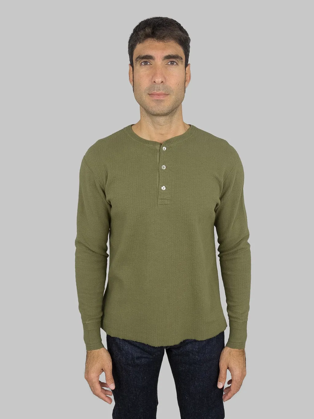 Loop & Weft Double-Faced Jacquard Henley Thermal Shirt in Army Olive