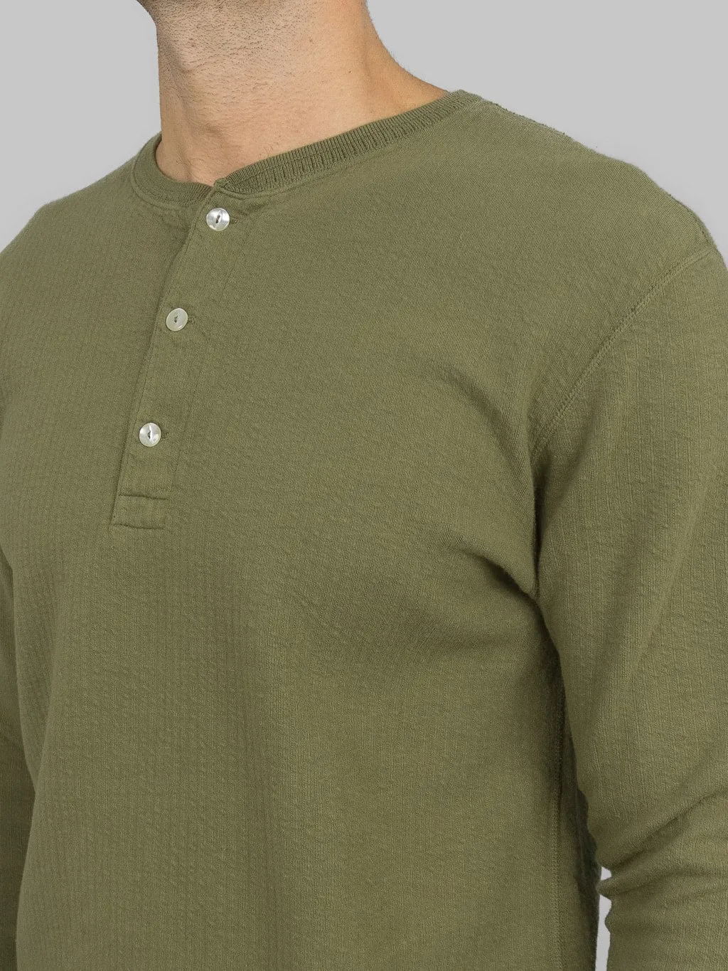 Loop & Weft Double-Faced Jacquard Henley Thermal Shirt in Army Olive