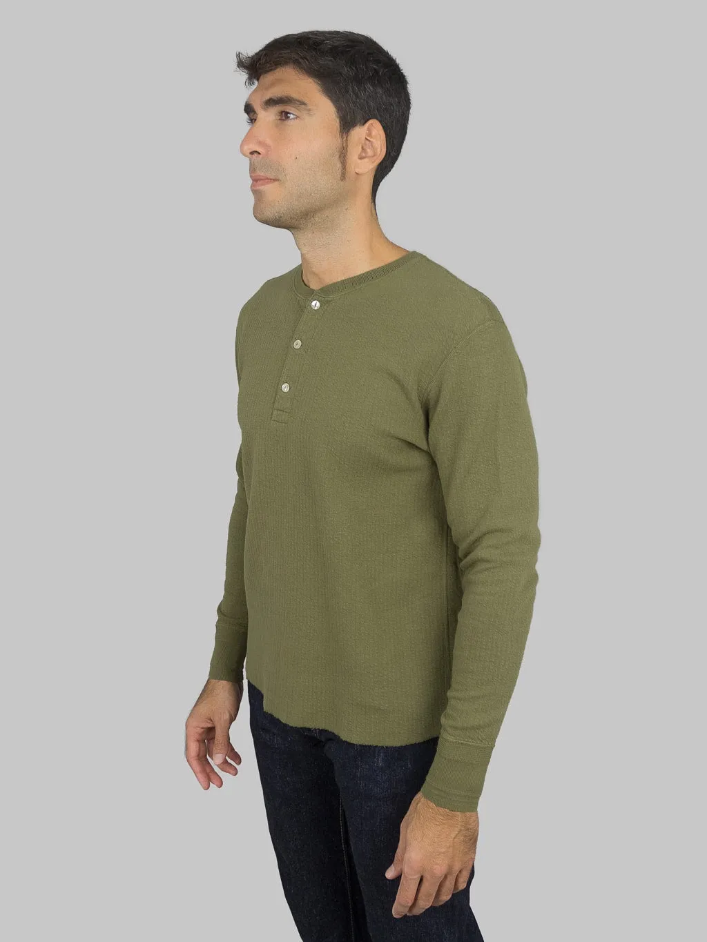 Loop & Weft Double-Faced Jacquard Henley Thermal Shirt in Army Olive