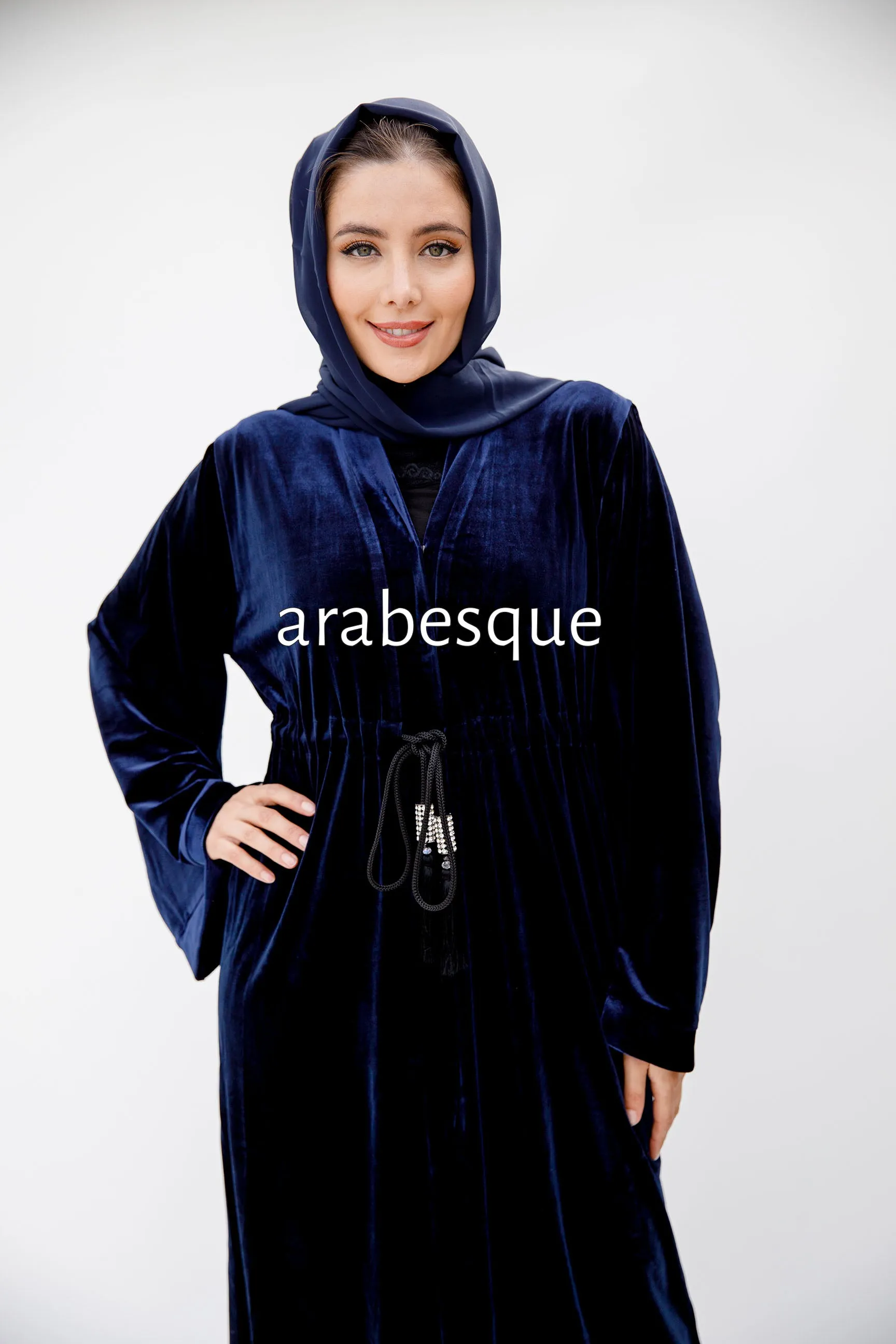 Navy Plain Velvet Open Abaya