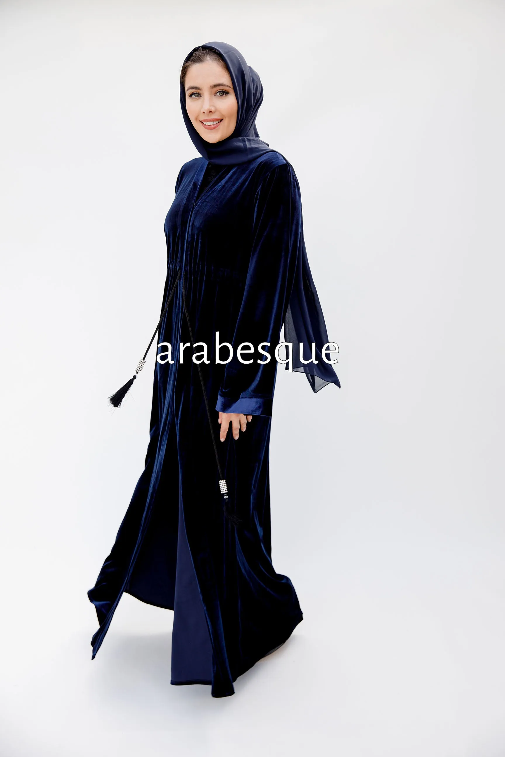 Navy Plain Velvet Open Abaya