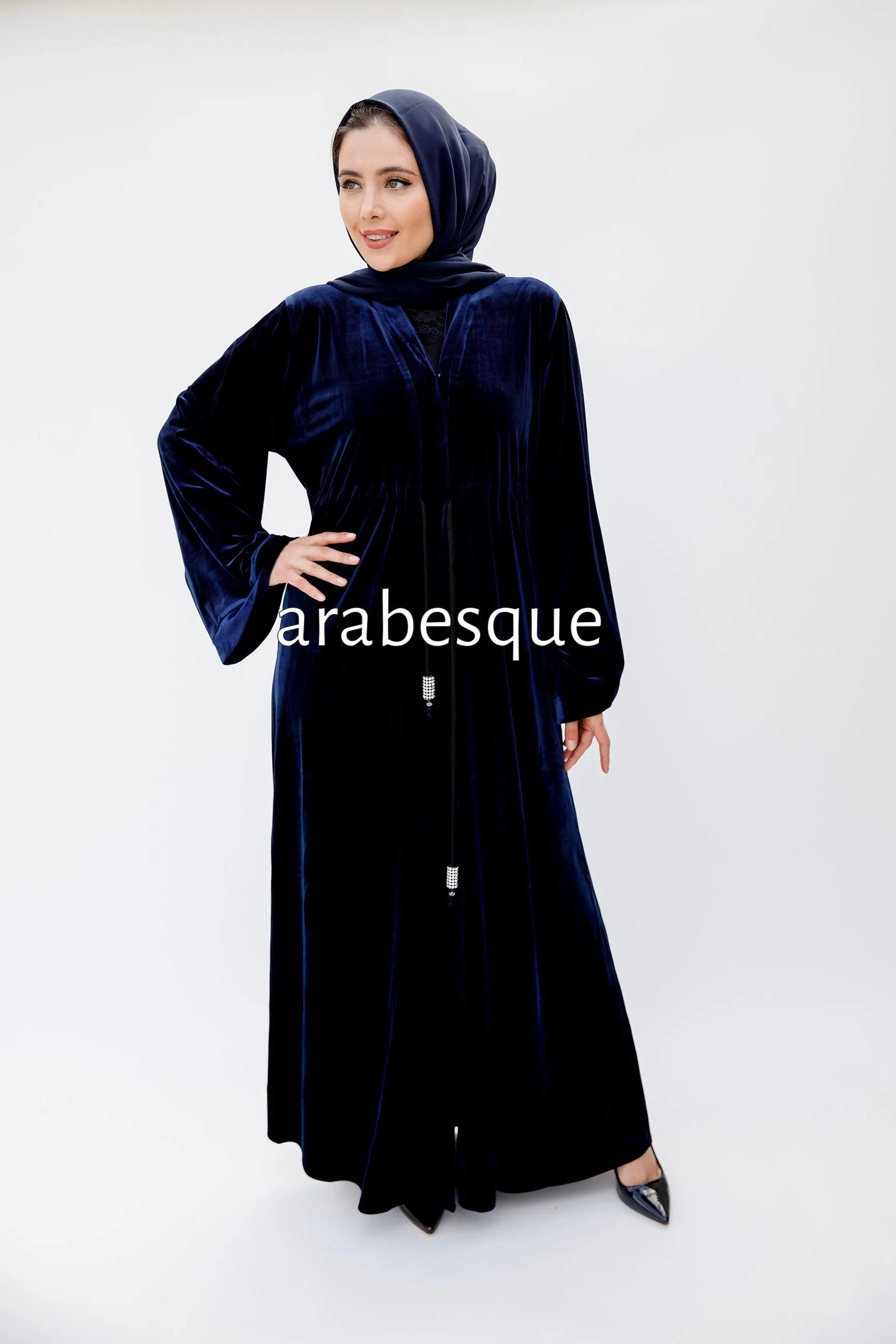 Navy Plain Velvet Open Abaya