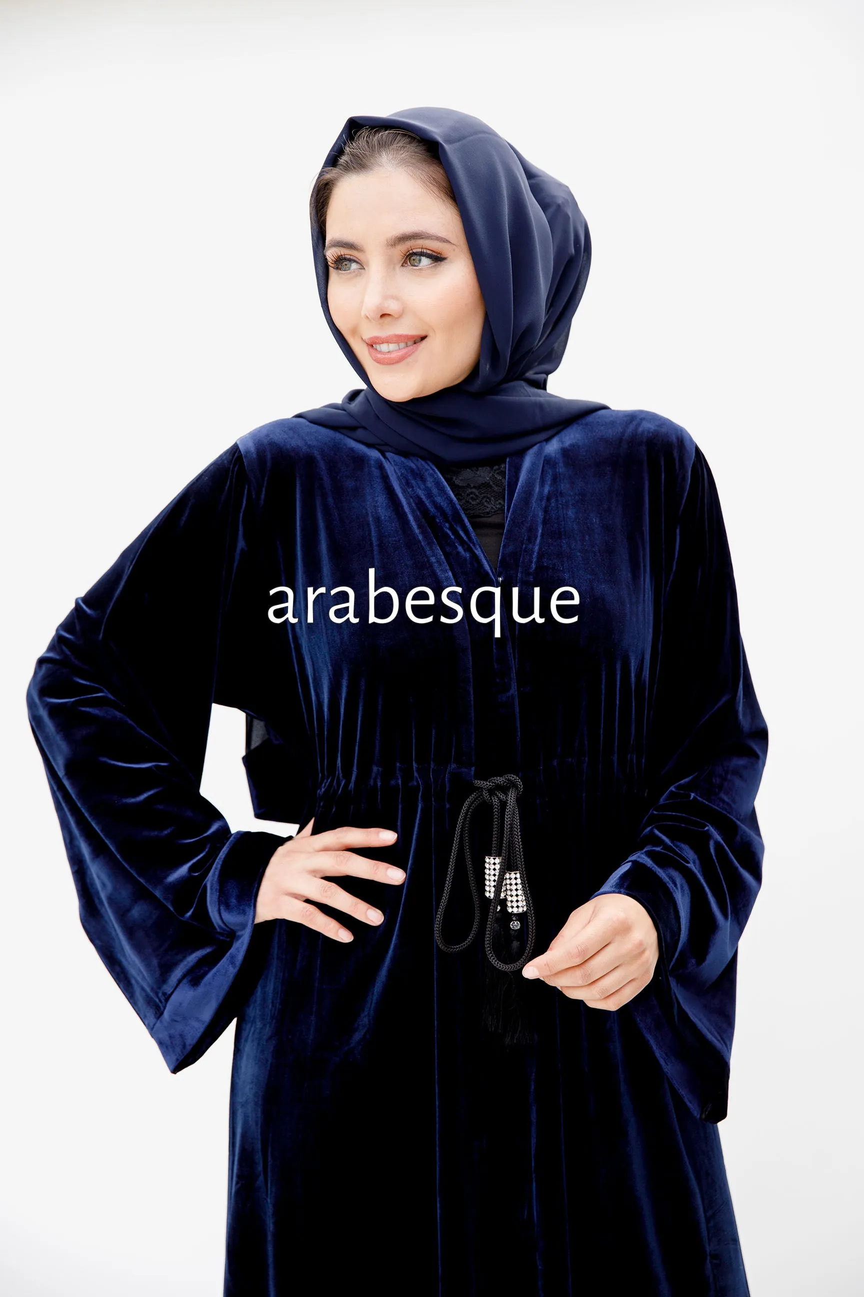 Navy Plain Velvet Open Abaya