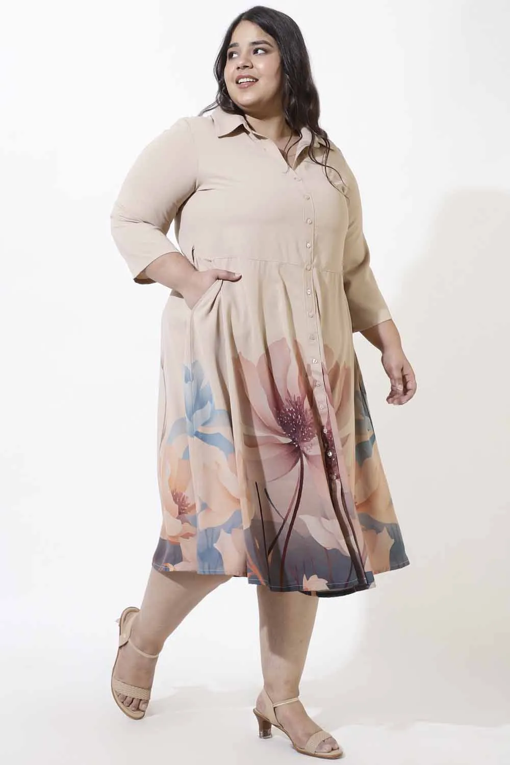 Plus Size Muted Floral Crepe Shirt Dress