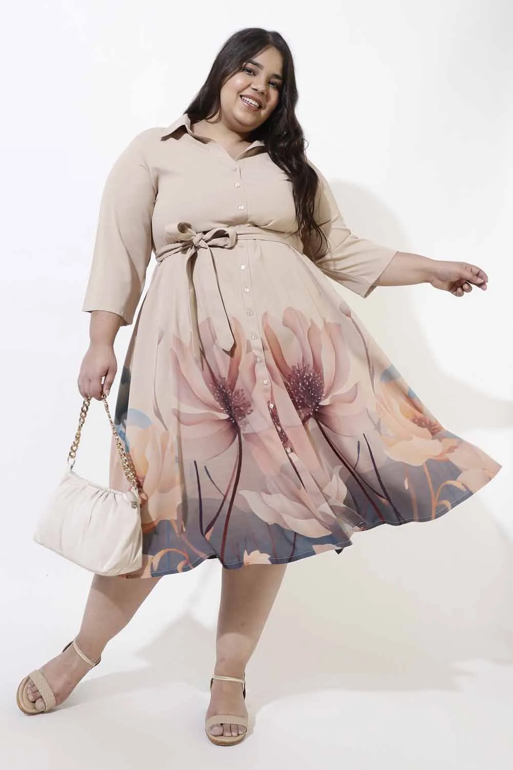 Plus Size Muted Floral Crepe Shirt Dress