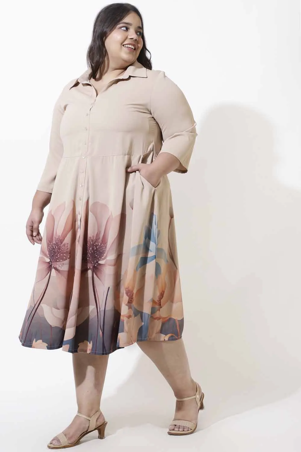 Plus Size Muted Floral Crepe Shirt Dress