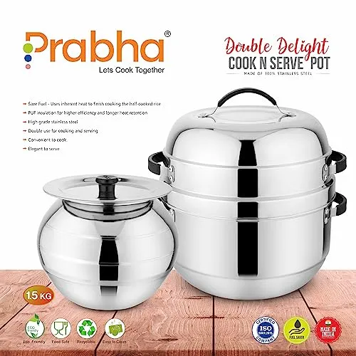 Prabha Stainless Steel Thermal Rice Cooker - Fast Heating, 1.5Kg Capacity, Durable Design - 2-Year Warranty