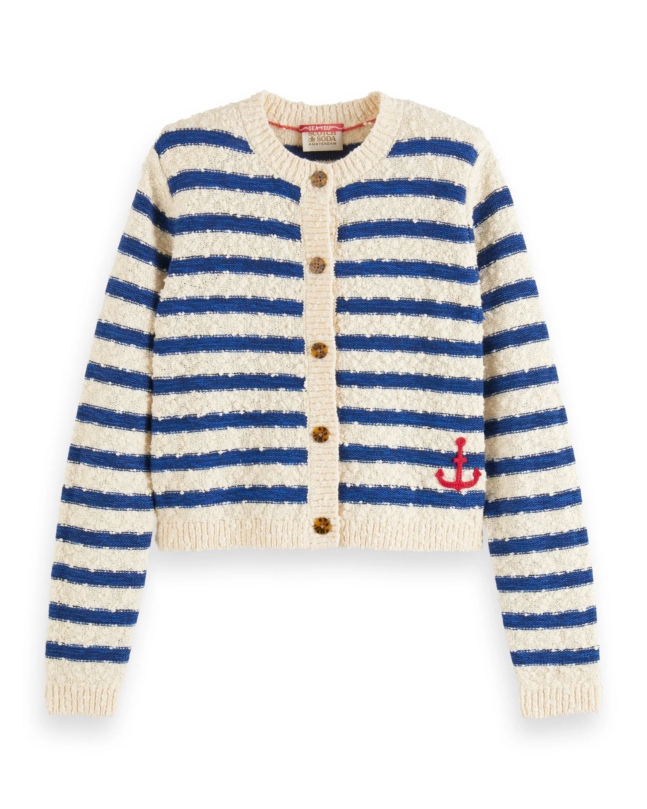 SCOTCH AND SODA SS24 TEXTURED MARINE BRETON STRIPE CARDIGAN