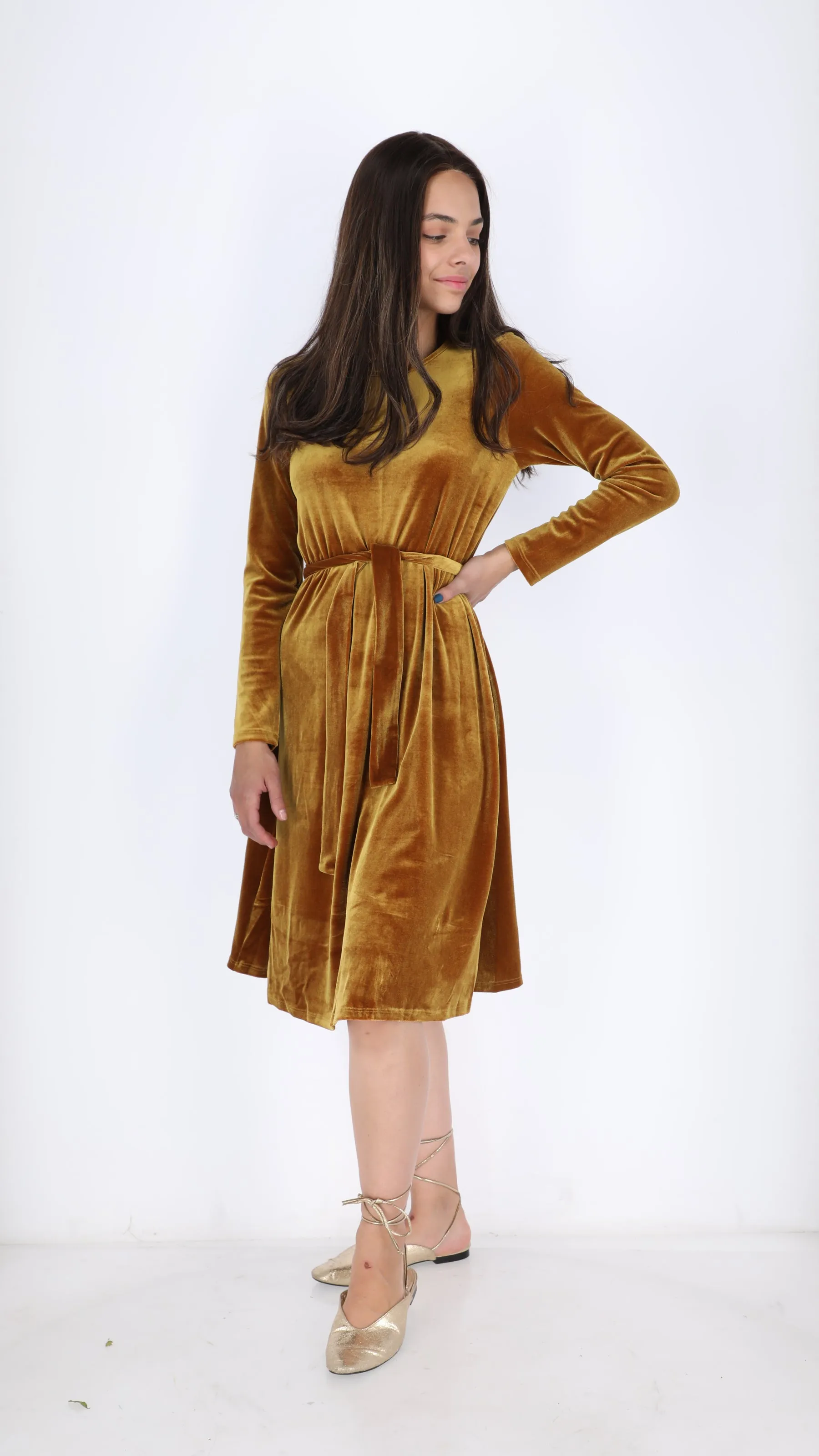 Velvet A-line Dress / Mustard