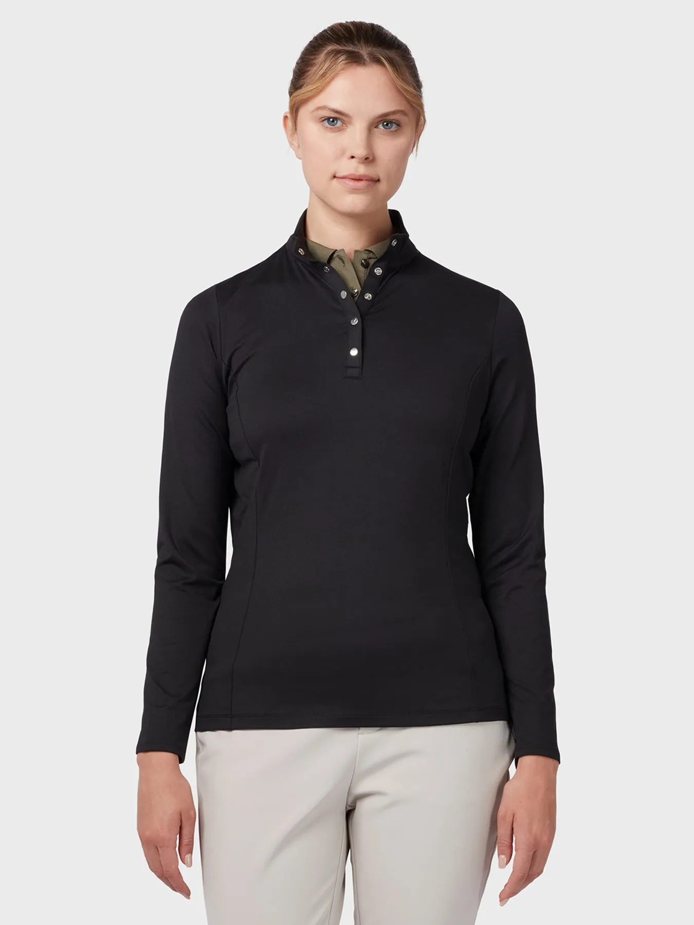 Women's Thermal Longsleeve Fleece Back Jersey Polo In Caviar